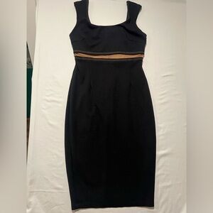 Bailey 44 Black and High Waisted Nude Mesh Cutout with tan stitching Midi Dress